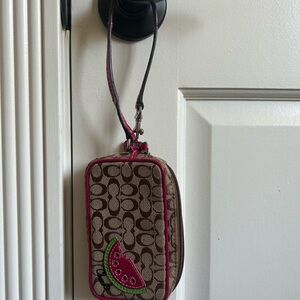 Coach Signature Brown Wristlet with Pink Watermelon Detail